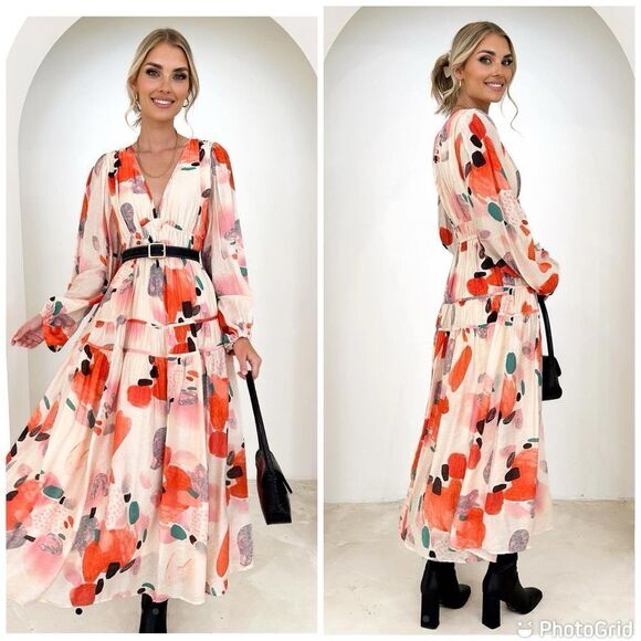 Puff Sleeve Floral Maxi Bohemian V Neck Tiered Casual Tiered Summer Maxi - Picture 1 of 16